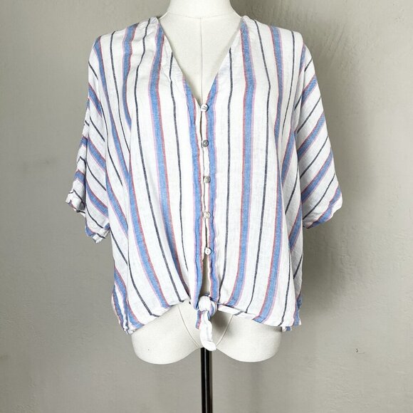Rails Thea Tahiti Stripe Shirt White Blue V Neck Short Sleeve Tie Front Sz Large - Picture 1 of 11